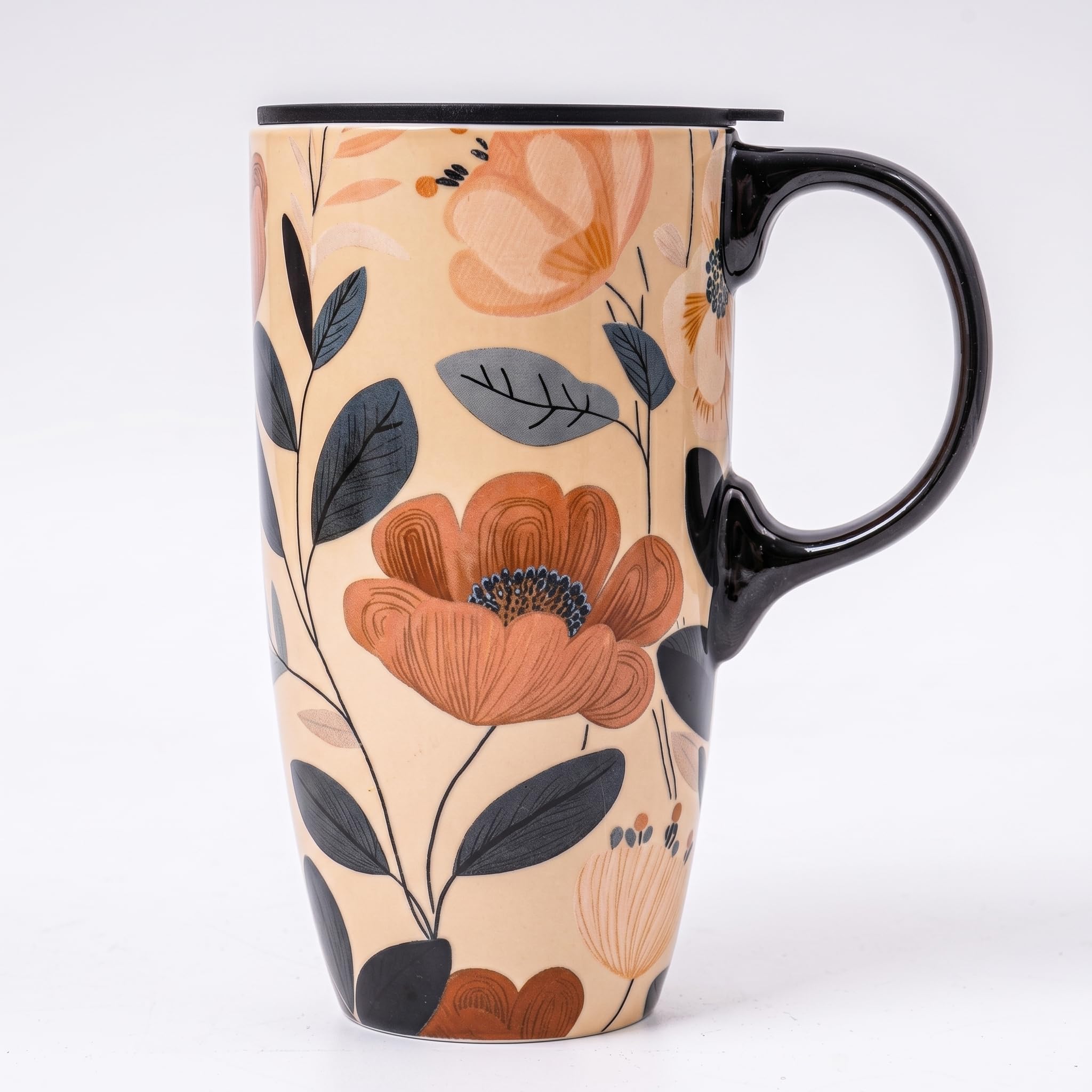 Topadorn Ceramic Travel Mug with Lid and Handle Gift for Coffee Lovers Coffee Mug Latte Teacup Ceramic Milk Mug in Color Box 17 Oz, Green Leaves and Flowers
