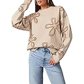Dokotoo Sweaters for Women Casual Crewneck Long Sleeve Floral Print Cable Knit Pullover Sweater Tops