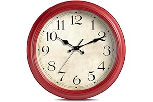 HYLANDA Wall Clock, 14 Inch Red Wall Clocks Battery Operated, Kitchen Vintage Clocks Silent Non Ticking, Farmhouse Retro Country Clocks Decorative for Bedroom, Living Room, Home(14")