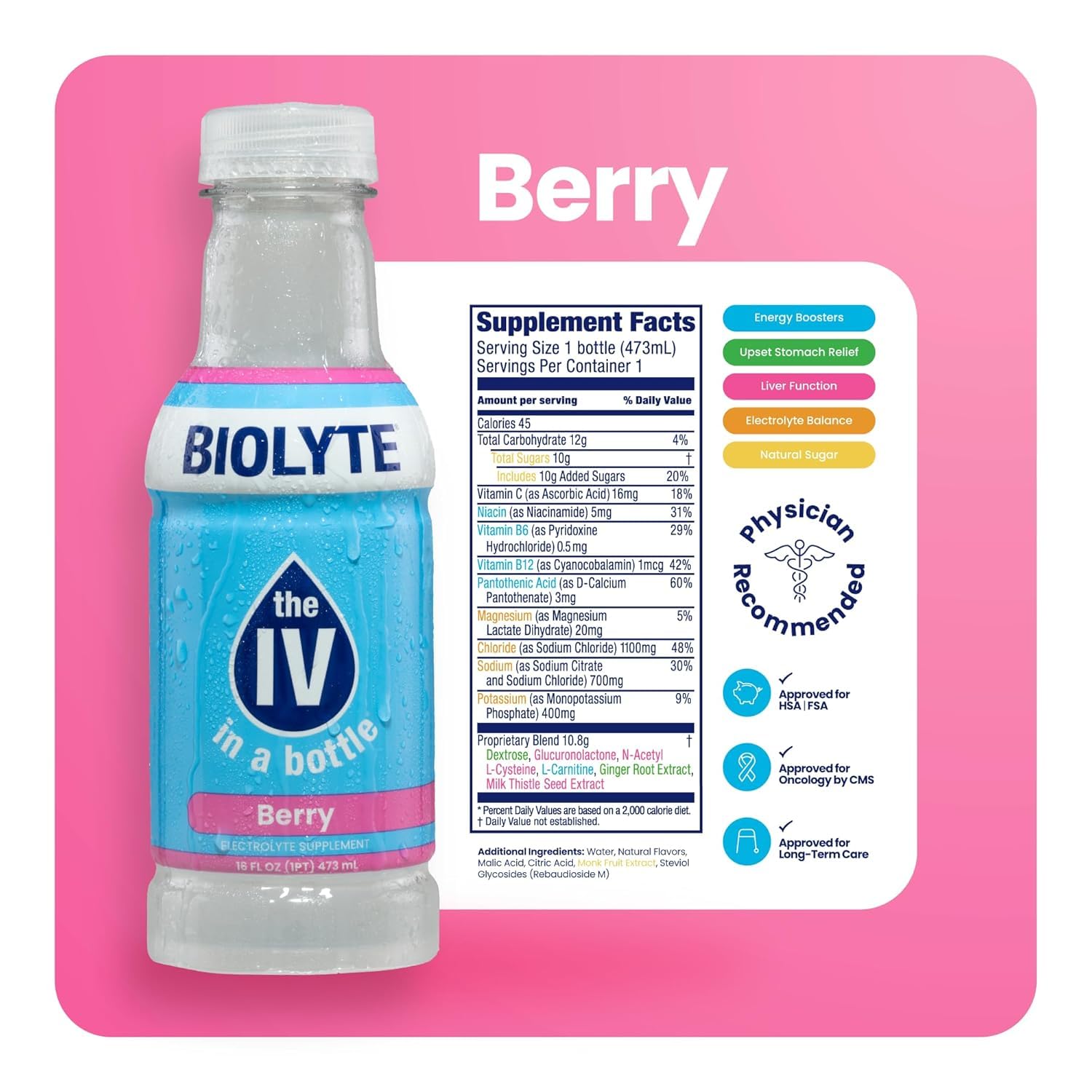 BIOLYTE Electrolyte Drink - Doctor-Formulated Hydration Drink, Electrolytes Water, Chemotherapy Must Haves for Women & Men, Rehydration IV Liquid in a Bottle- Mixed Berry, 16 Fl Oz (12 Pack)