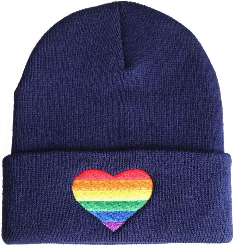Knitted Hat, Men Women Winter Autumn Warm Hat Rainbow Heart Embroidery Knitted Hat Pride LGBT Beanie Cap