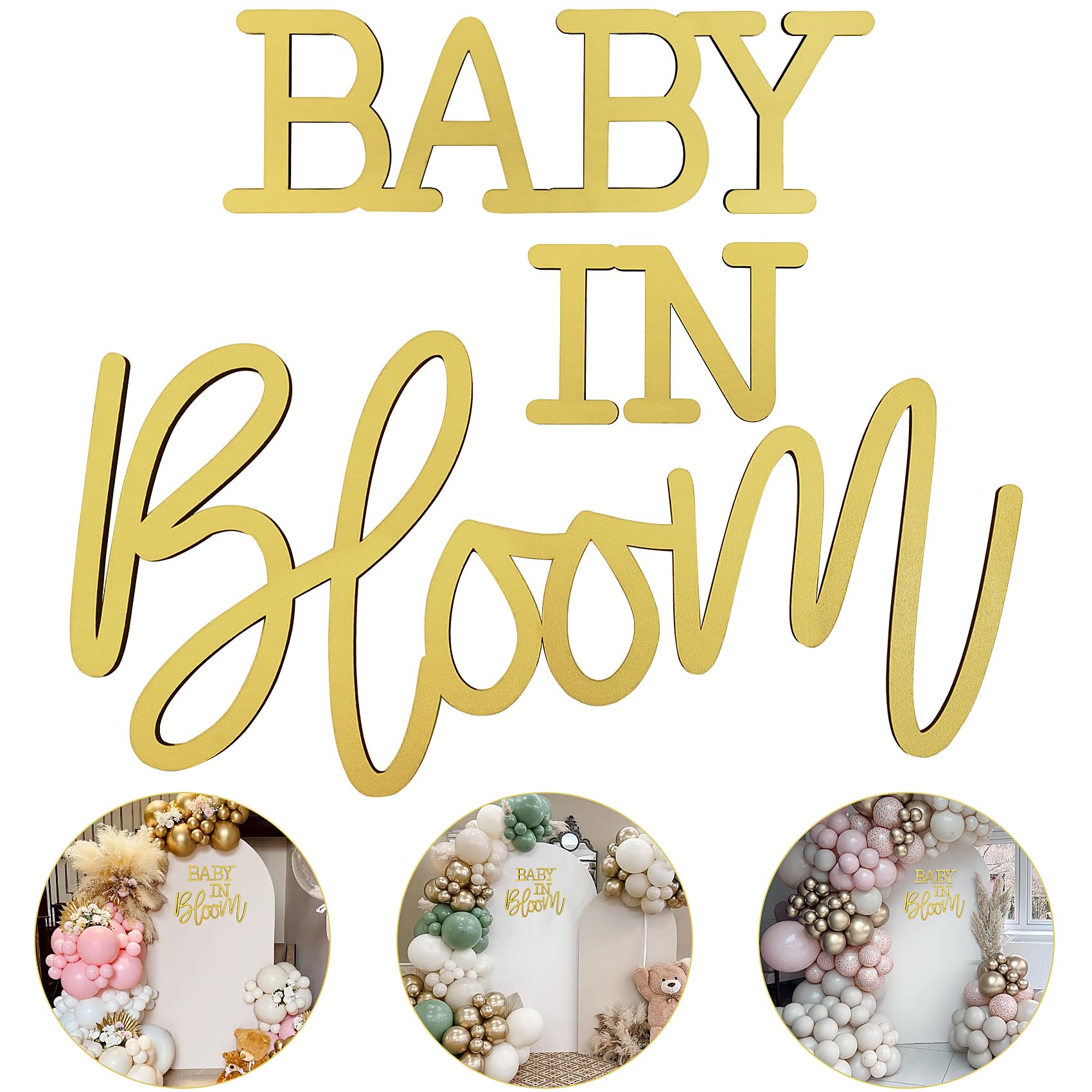 Photo 1 of Baby In Bloom Wooden Sign for Backdrop Perfect Party Decorations for Baby Shower Boy or Girl Gender Reveal Banner Decor Photography Background (Gold)