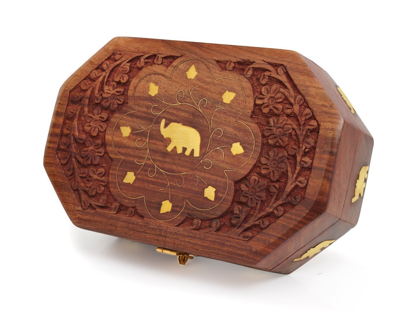 Handgemachte hölzerne Schmuckschatulle, einzelne Elefanten Inlay und