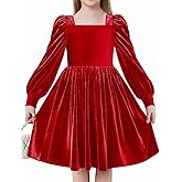 Arshiner Girls Dresses Velvet Square Neck Puff Long Sleeve Fall Winter Holiday Dress with Pockets
