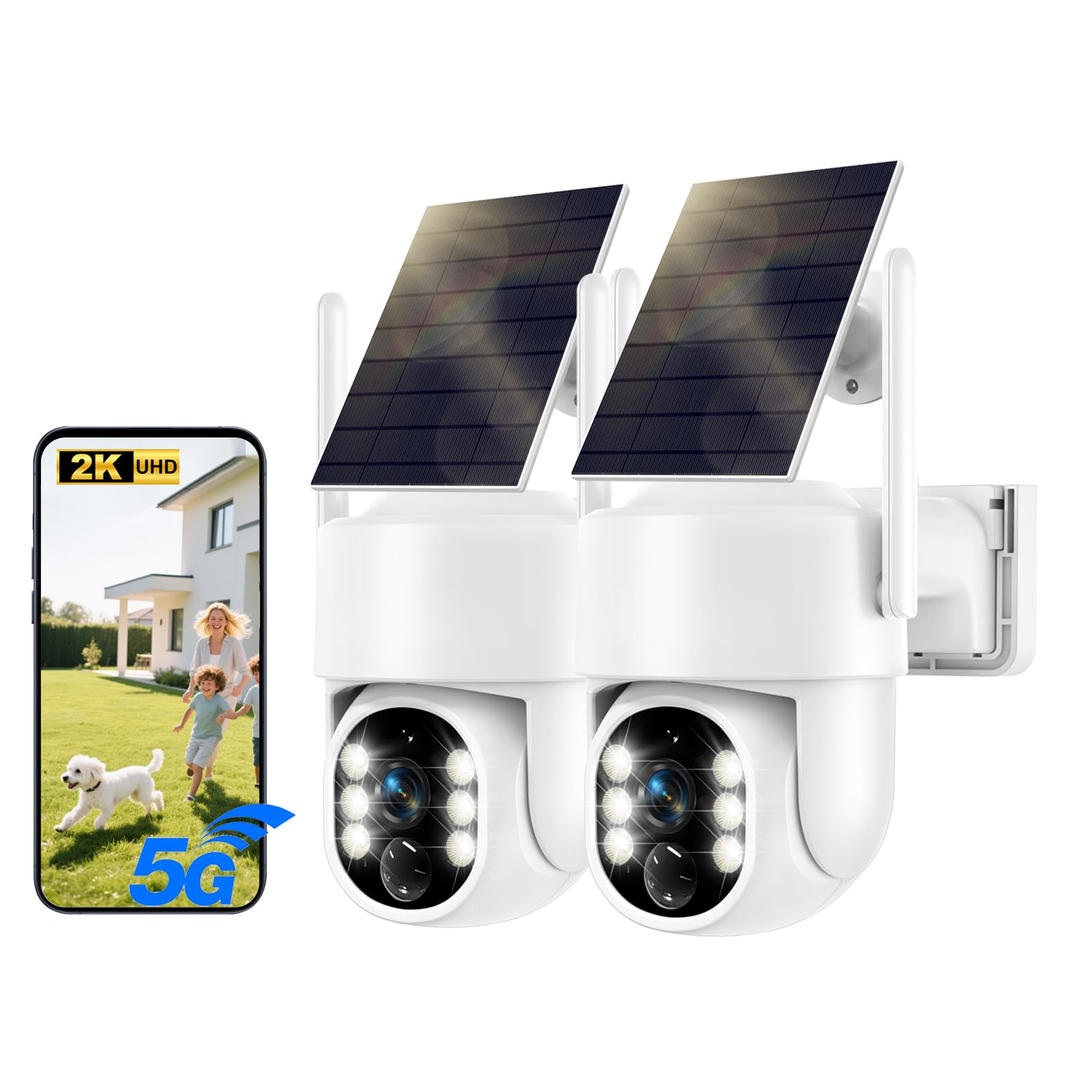 Photo 1 of Solar Security Cameras Wireless Outdoor, 5G Outdoor Camera Wireless Solar Powered, 2K Solar Outdoor Camera, Color Night Vision, AI Human Detection, Siren Alarms, 2-Way Talk for Home Security 2PACK