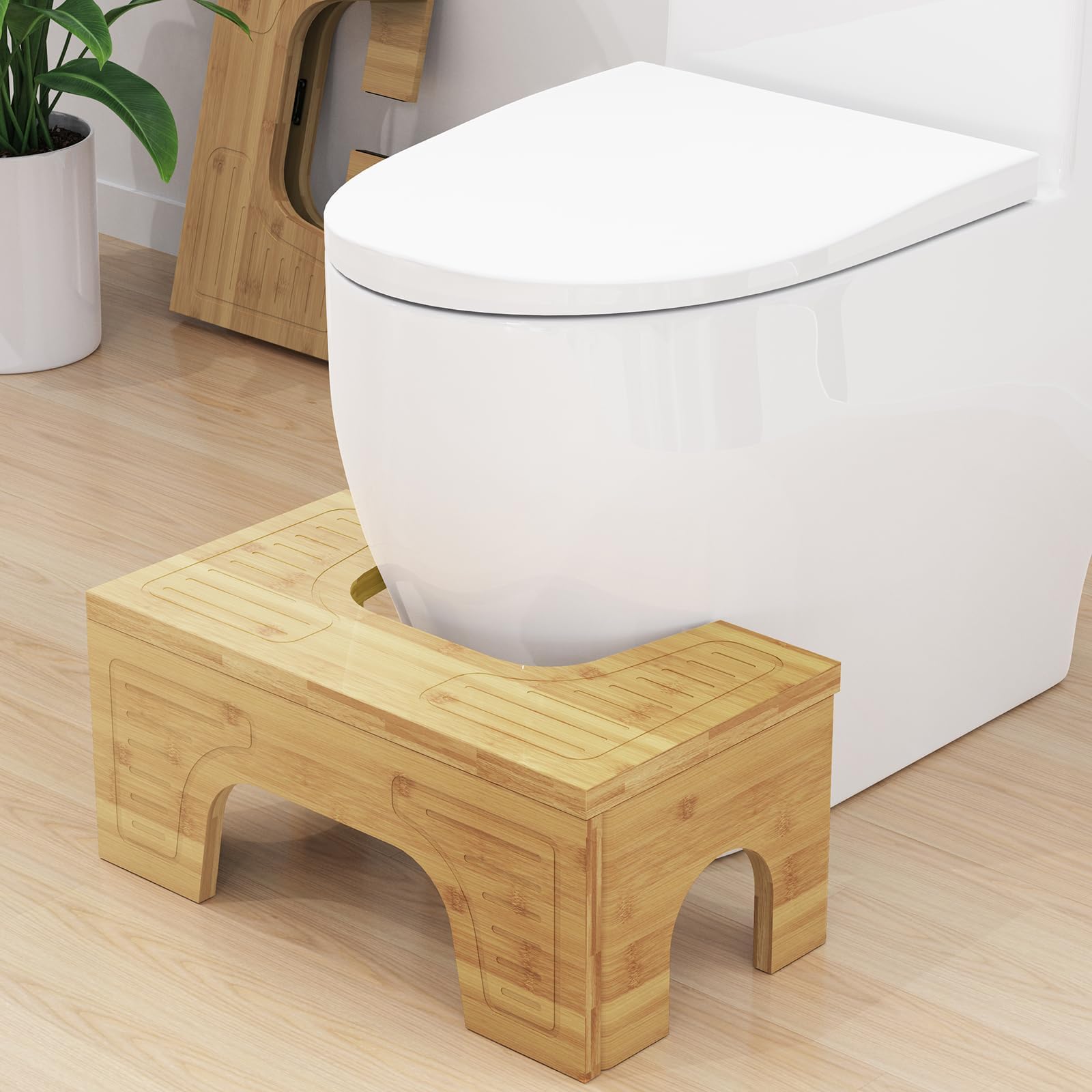 Photo 1 of Foldable Toilet Stool Squat for Adults and Kids, 7" & 9" Adjustable Heights Bamboo Flip Poop Stool with Anti-Slip Layer for Bathroom - Improve Squatting Posture[No Installation Required]