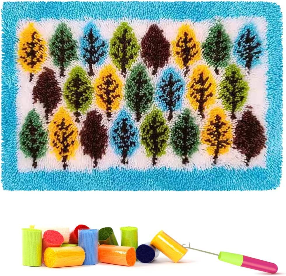 ROCKY&CHAO Latch Hook Kits for Adults, Fir Tree 20x15Inch, DIY Latch Hook Fir Tree Rug Kit 50x38cm, Home Carpet Rug Making Kit, Cross Stitch Embroidery Kits Needlework Crafts Rug for Home Decor