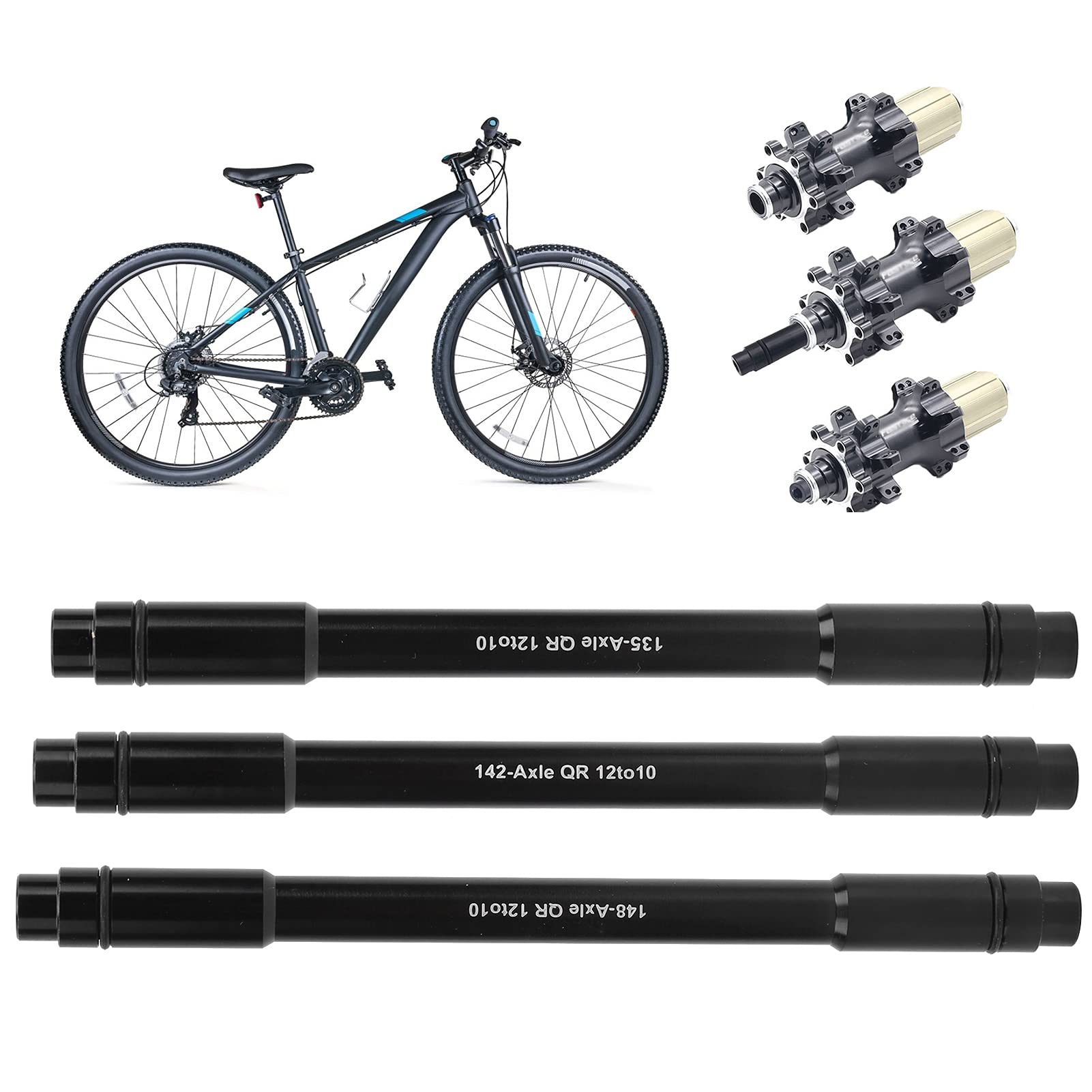 Alvinlite Bike Rear Fork Thru Axle, 142 x 12mm Bicycle Rear Fork Thru Axle Skewer Quick Release Bike Repair Replacement, 12mm Front Thru Axle to 10mm Thru Axle Fork Adapter