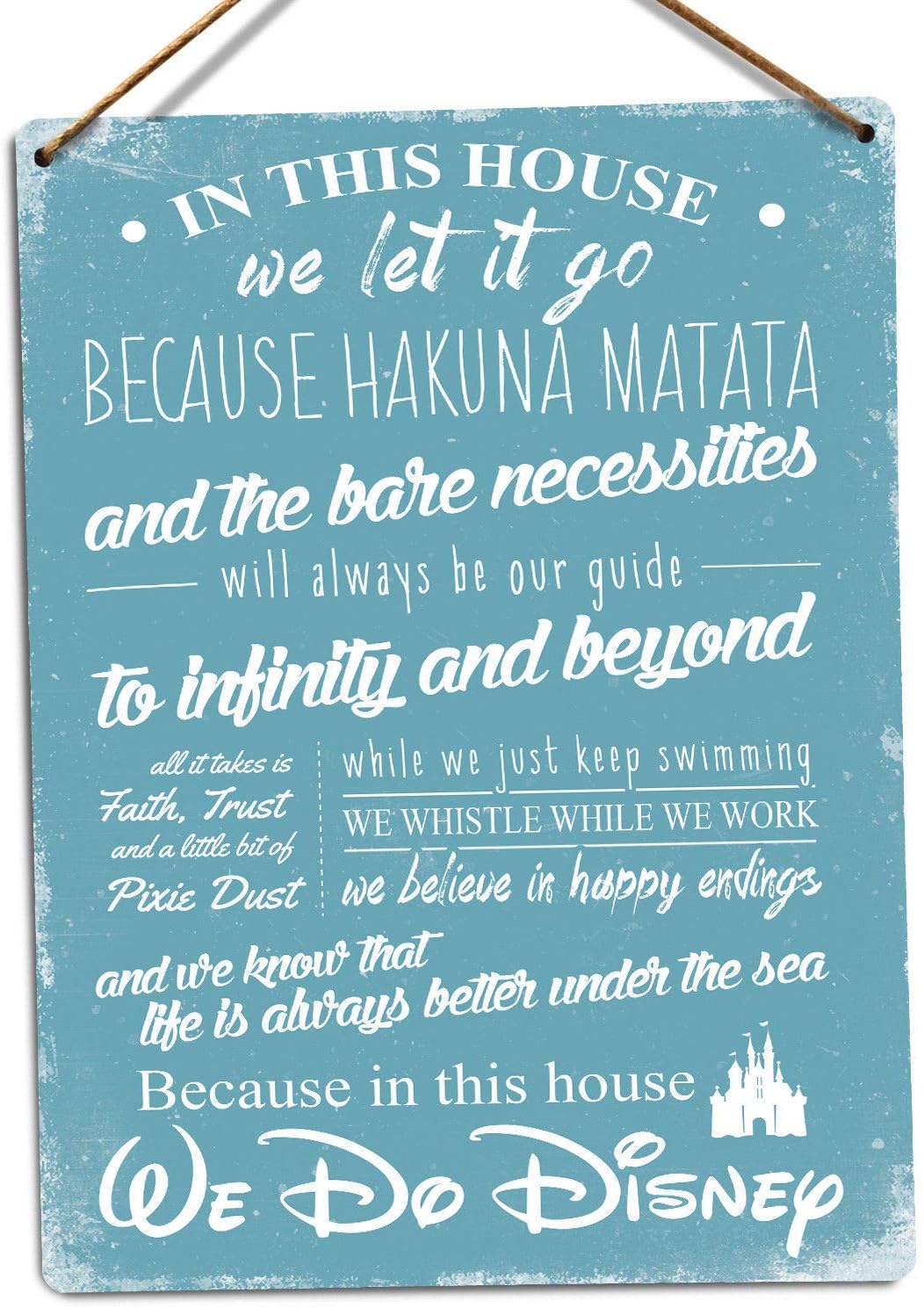 Toasted Merch In this house we do Disney V2 | Metal Wall Sign Plaque Art Family Hanging Print (Medium - Twine, Blue)