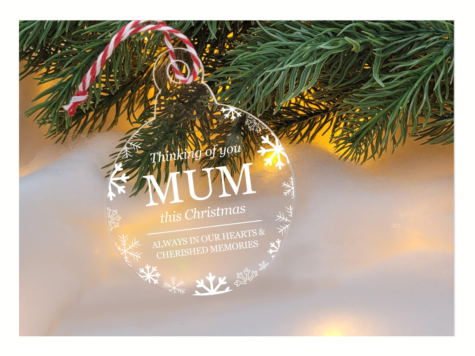 Thinking Of You This Christmas - Acrylic bauble shape tree decoration, snowflake design, remember a loved family member, Xmas Hanging Decoration UV Printed (Mum)