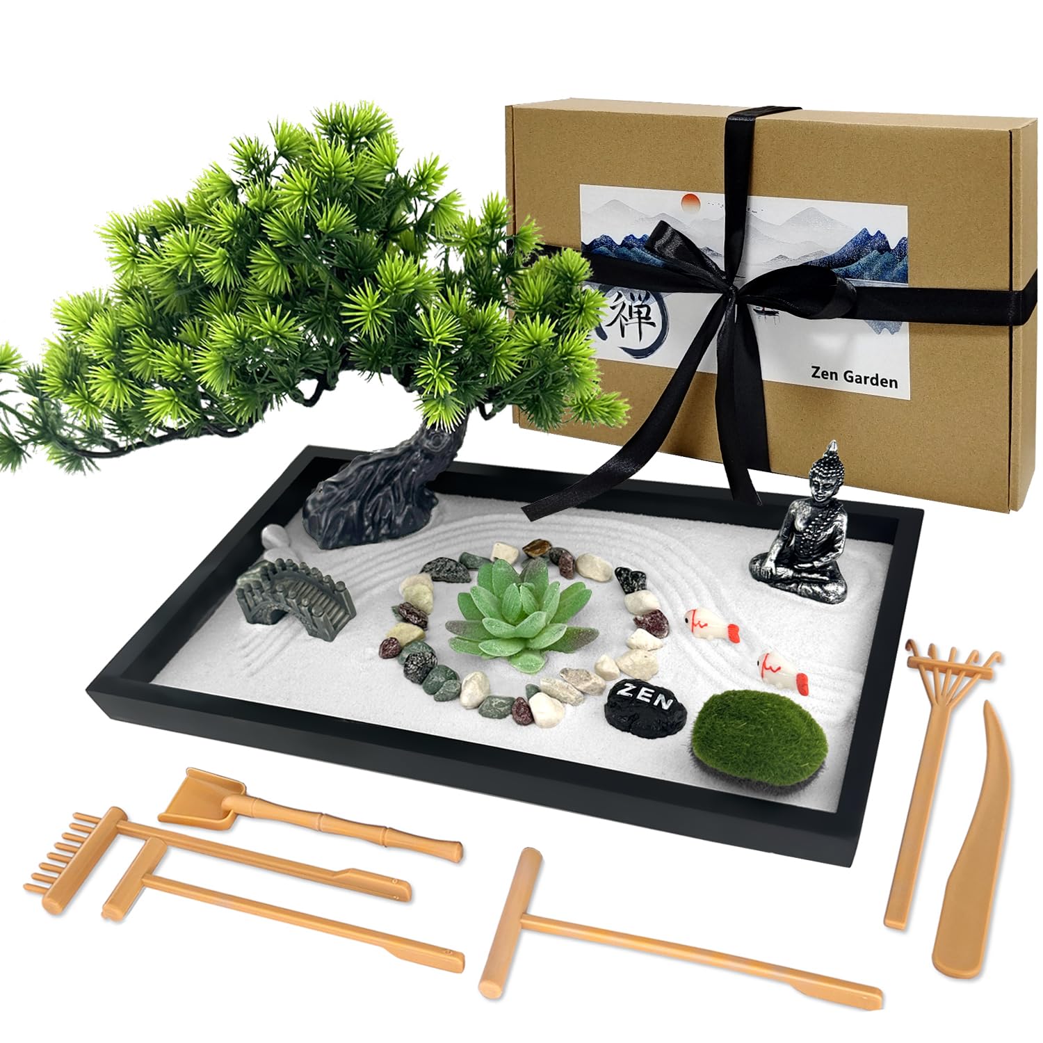 LuXianYS Japanese Zen Garden, Zen Garden Kit, Mini Home Decoration, Meditation Gift Set, Buddha Candle Holder Incense Holder for Meditation, Relaxation and Gift
