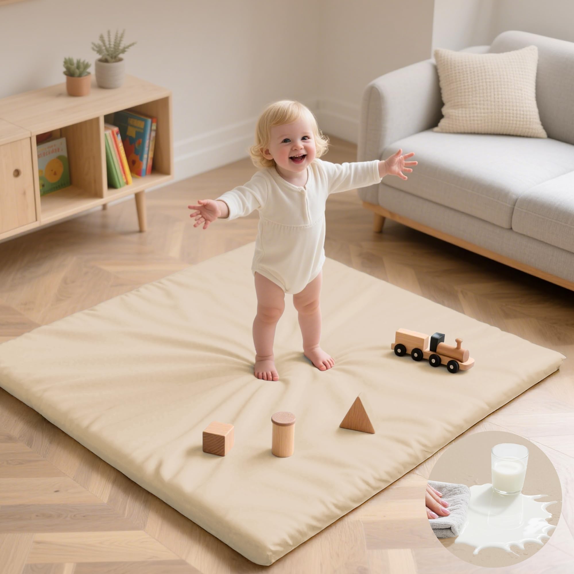 Photo 1 of Huloo Sleep Baby Play Mat 50x50 Inches,1.3" Thick Padded Waterproof Floor Cushion & Playpen Mat with Vegan Leather,Non-Slip & Non-Toxic Nursery Rug for Infants, Toddlers & Kids(Beige)