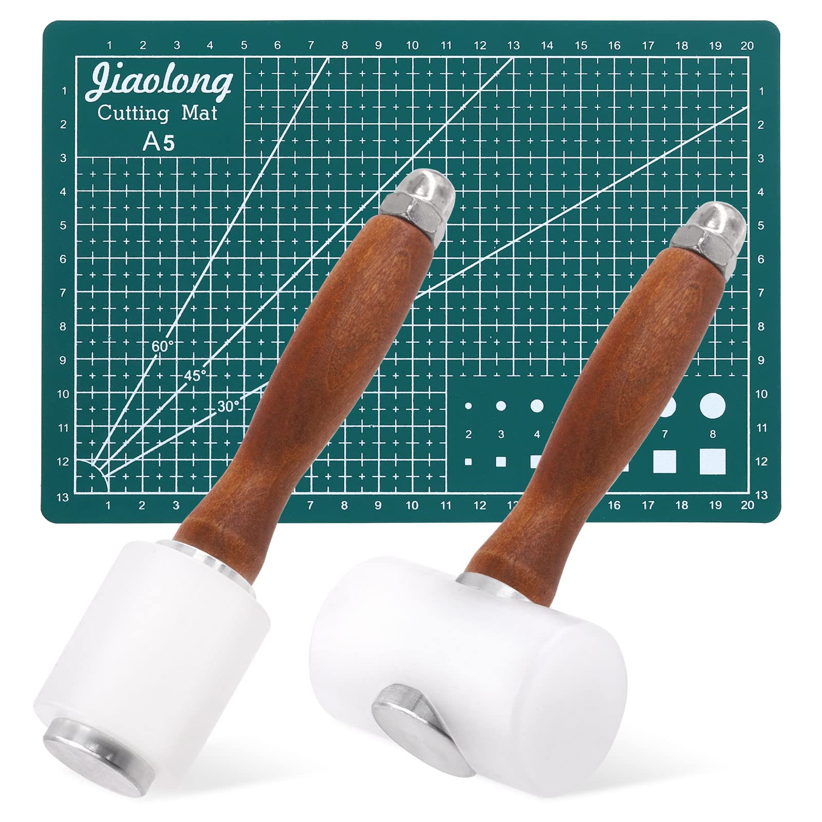 Glarks 3Pcs Leather Carving Hammer with Cutting Mat Set, 2Pcs Nylon Wooden Handle Hammer Leathercraft Mallet and 1Pc A5 Sewing Cutting Mat for Stamping Sew Leather Cowhide Tool