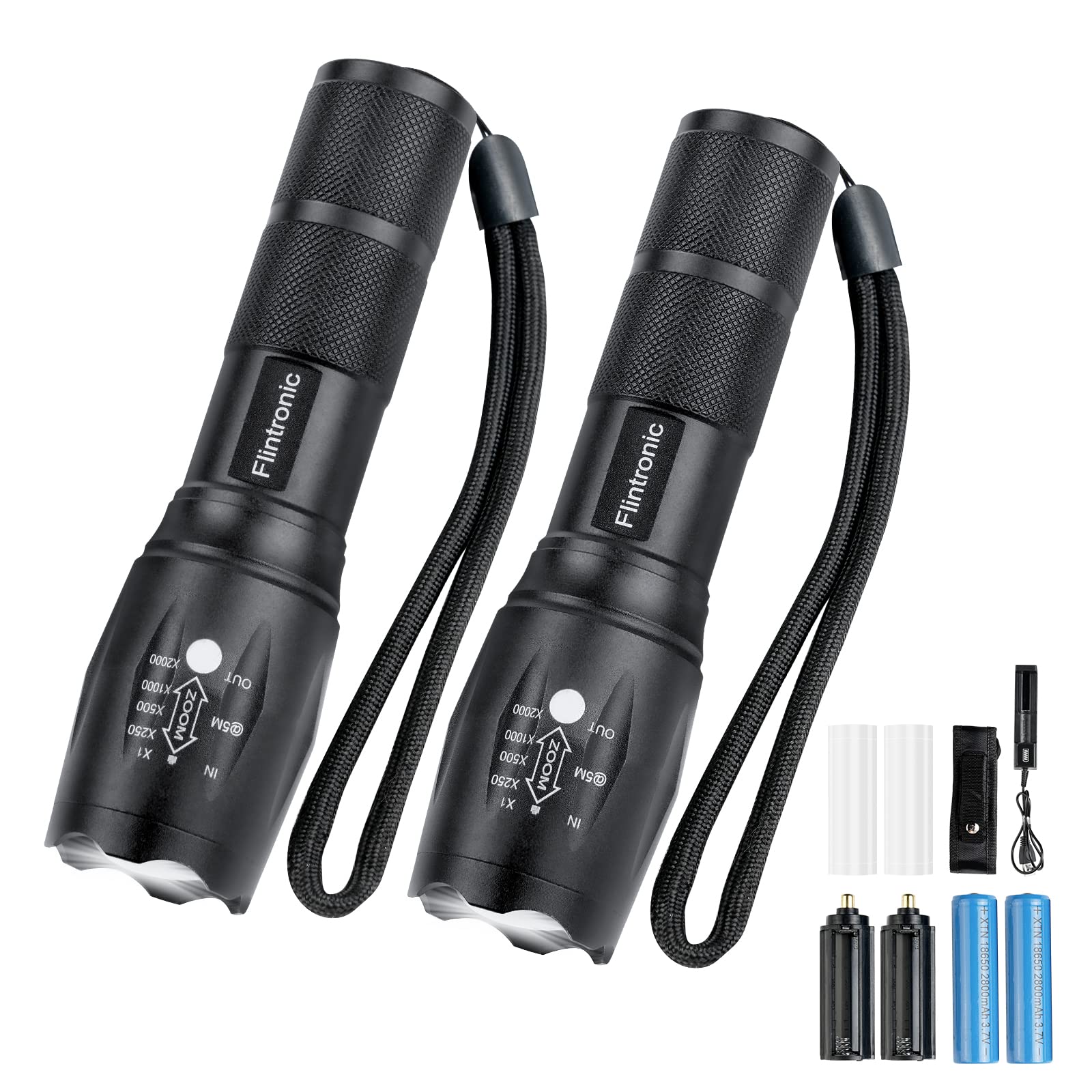 flintronic 2PCS LED Torch Rechargeable, Super Bright 1500Lumens Flashlight with 2 Batteries, USB Torches, 5 Light Modes, Waterproof Mini Tactical Torch for Camping Outdoors Hiking Emergency