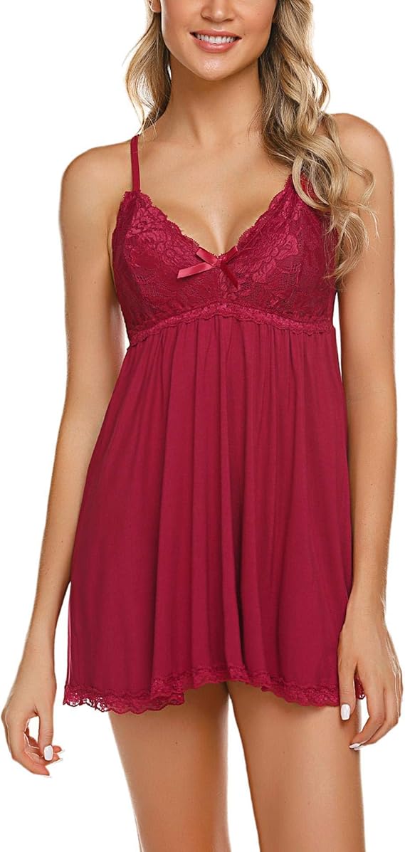 SEXY NACHTKLEID NEGLIGEE Dessous Damen Nachtwäsche Nachthemd Beige Rot