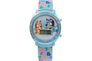 Bluey Digital Watch for Kids with LCD Display Screen and Glitter Bezel Featuring Bluey and Bingo on Colorful Patterned Strap 