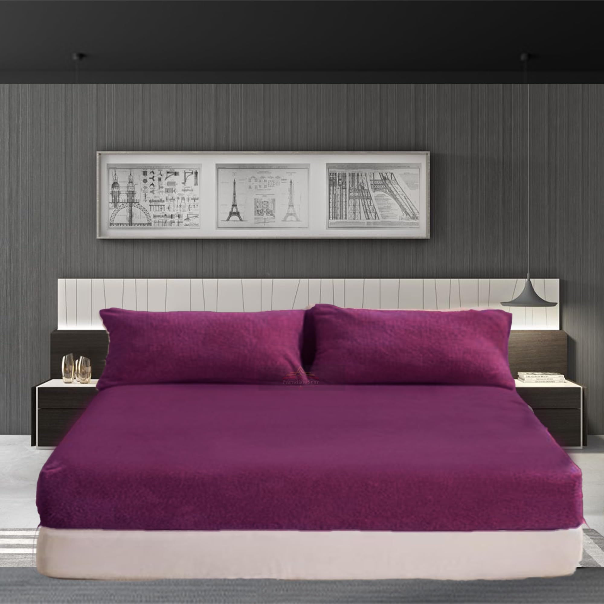 PARADISE STAR Teddy Fleece Fitted Bed Sheet – Ultra Soft Warm Cosy Plush Bedding, Extra Deep 30cm Pocket Fitted Sheet for Bed, Winter Luxury Mattress Cover (Plum, Single 90x190cm)