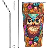 Yrebyou Owl Tumbler 20oz with Lid and Straw Stainless Steel Insulated Coffee Mug Leak-Proof Travel Cup for Water Iced Tea or Coffee