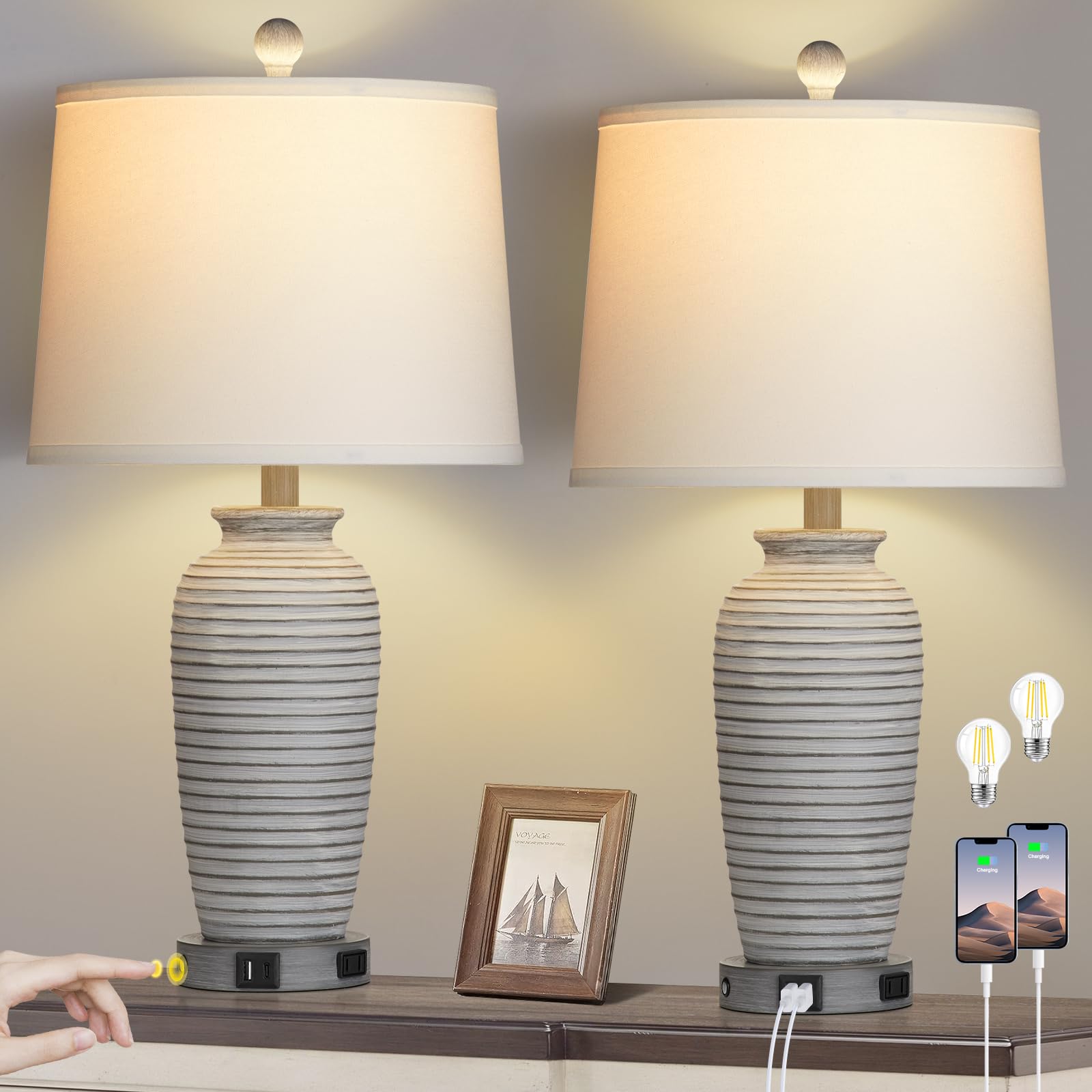Photo 1 of CINSARY 25" Farmhouse Jar Table Lamps Set of 2, 3 Way Touch Control Rustic Bedside Lamps with USB A+C Ports & AC Outlet, Pot Nightstand Lamps for Bedroom Living Room (LED Bulbs Included)