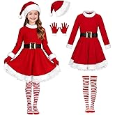 AOLIUP Kids Girls Santa Dress - Mrs Claus Costume Christmas Outfit with Belt Socks Hat Gloves
