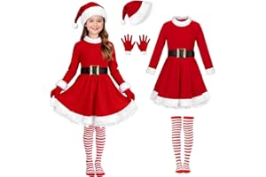 AOLIUP Kids Girls Santa Dress - Mrs Claus Costume Christmas Outfit with Belt Socks Hat Gloves