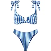 Finesatile Underwire Bikini Sets for Women Retro Striped Terry Textured Bathing Suit Cute Y2K Bow Tie Shoulder Swim Suits