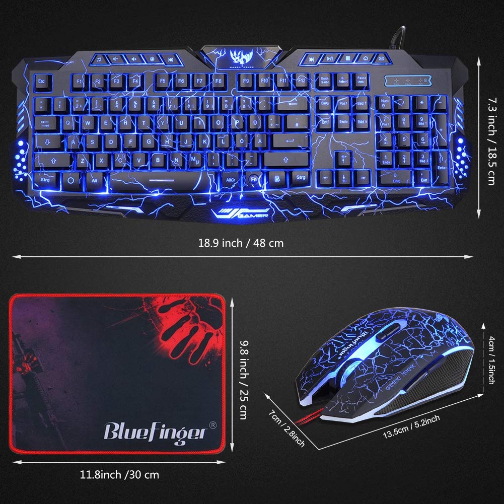 BlueFinger Backlit Gaming Keyboard, Mouse and LED Headset Combo - USB Wired 3 Color Crack Backlit, Blue LED Light Headset - Set for Work and Game