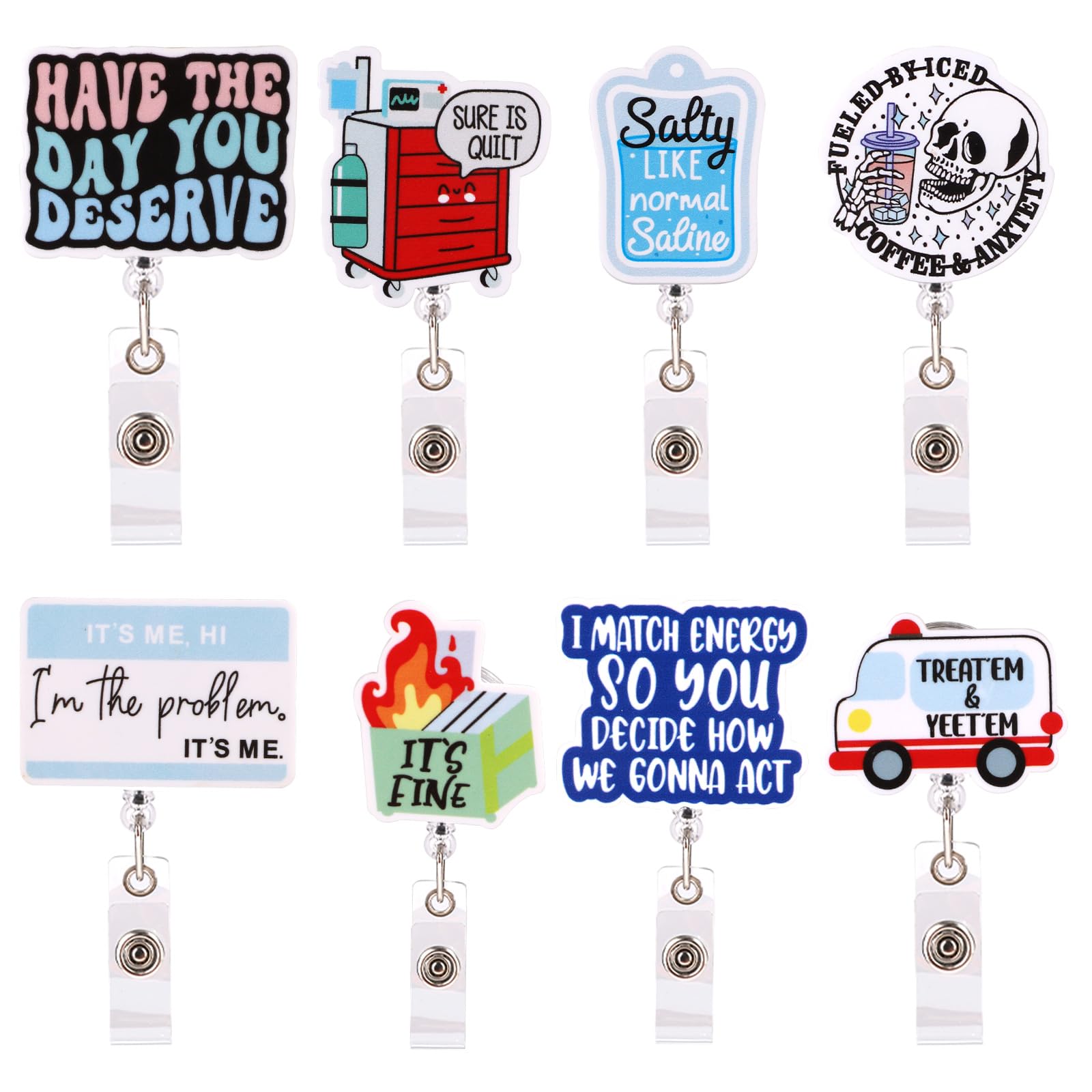 8pcs Funny Badge Reels Retractable, Cute Badge Reel Nursing ID Tag Card Badge Holder Retractable Clip Accessories for Nurse Doctor Office Workers Teacher Students Lanyard Supplies