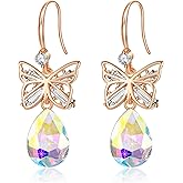 Austrian Crystal Teardrop Butterfly Drop Dangle Earrings for Women 14K Rose Gold Plated Hypoallergenic Jewelry
