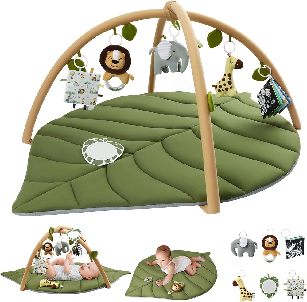 Blissful Diary Baby Play Gym & Activity Mat, Oversize Leaf Shaped Baby Play Mat w 6 Detachable Toys, Tummy Time Mat Promote M