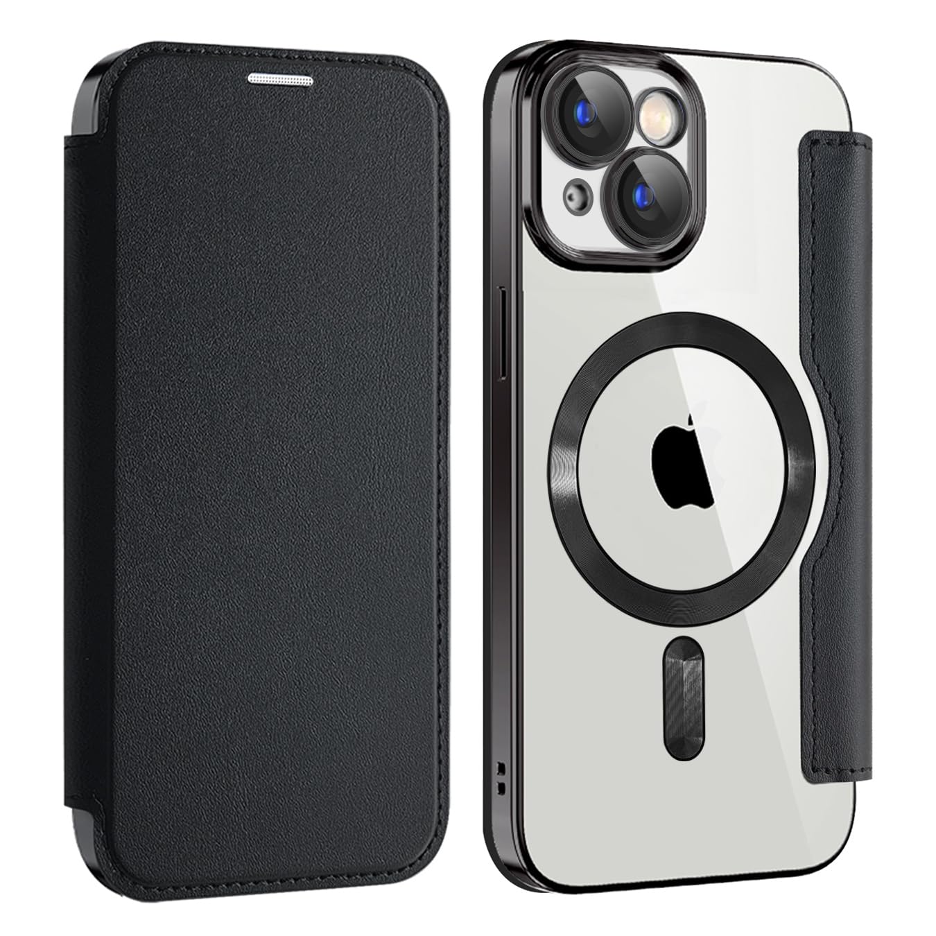 Unichthy Flip Case for iPhone 14 Plus Clear Cover Support MagSafe |RFID Blocking| Wallet Purse Shockproof Leather Stand Cover Individual Protection for Each Lens Phone Skin for iPhone 14 Plus Black