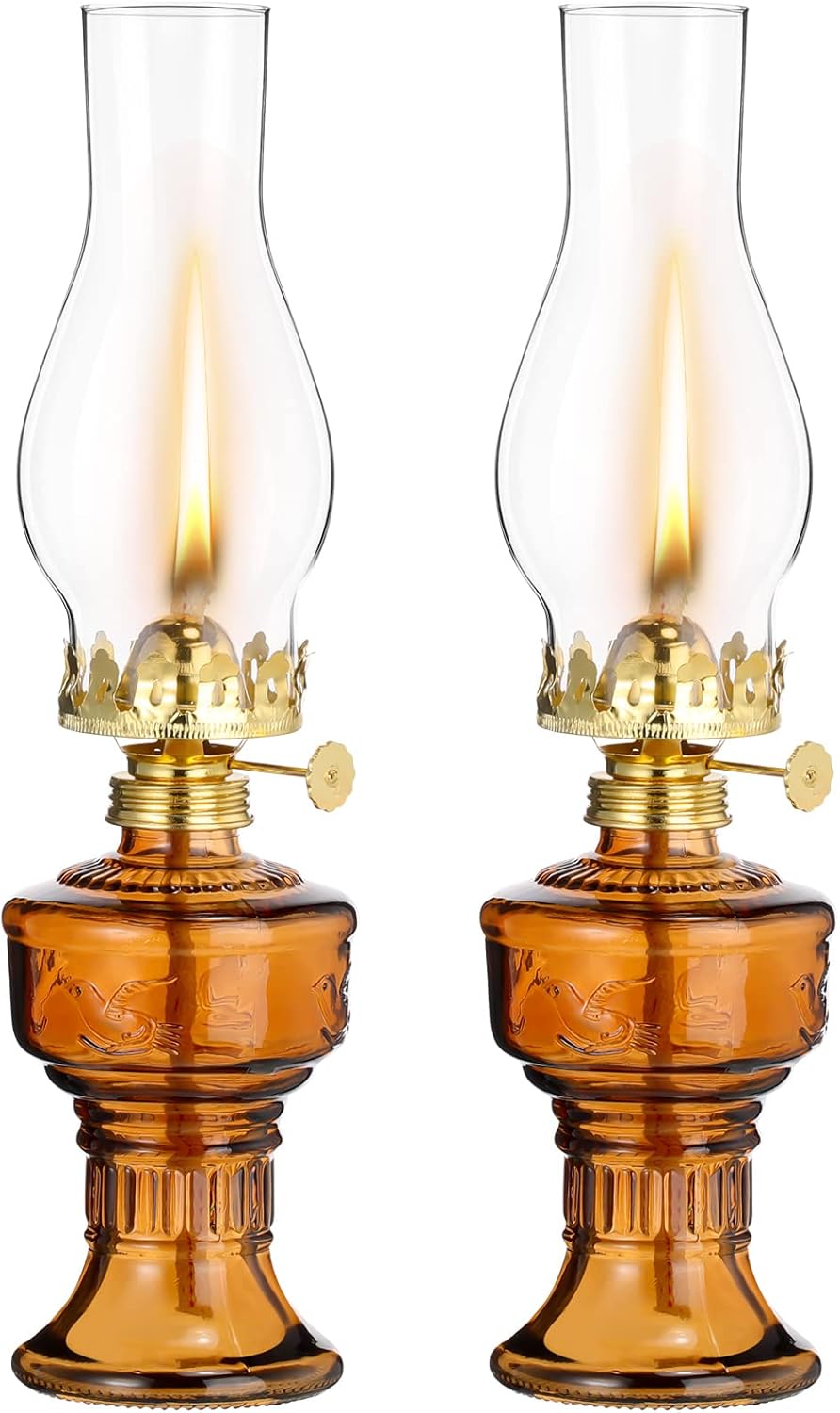 Oil Lamps & Accessories - 2 Pcs Chamber Oil Lamps for Indoor Use Vintage Kerosene Lamp Rustic Hurricane Kerosene Lantern with Adjustable Fire Wick Lighting Oil Lantern for Home Emergency Lighting, 13'' High(Brown)