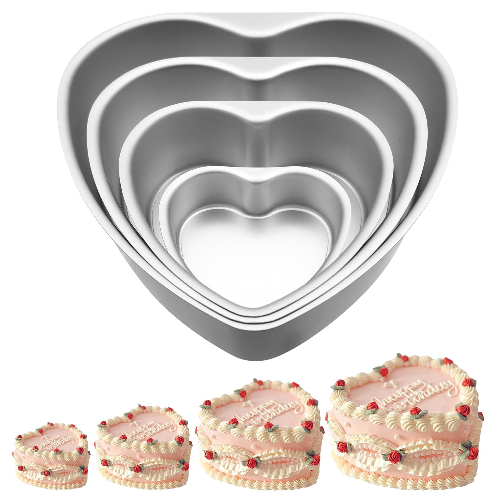LYFJXX 4 Pieces Aluminium Heart Shaped Cake Pans, 4/6/8/10 Inches Non-Stick Baking Pan with Removable Bottom, Chocolate Cake Mold for Valentine's Day, Wedding and Anniversary