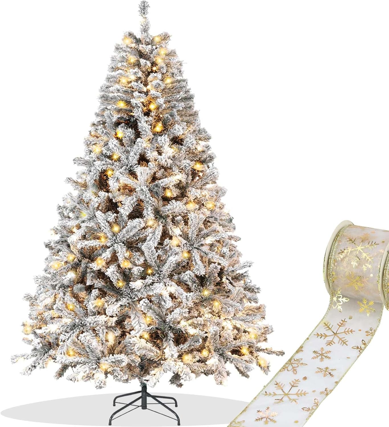 Trees - 6ft Pre Lit Flocked Christmas Tree Artificial Xmas Tree Hinged Pine Full Holiday Premium Xmas Tree for Home Office Yard Party Decoration with 266 Warm White LED Lights/753 Frosted Branch Snow Tips