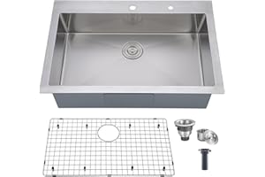 Comllen 33 x 22 inch Drop in Kitchen Sink, 33 inch Topmount Stainless Steel Sink, 18 Gauge T304 Single Bowl Kitchen With Grid and Strainer