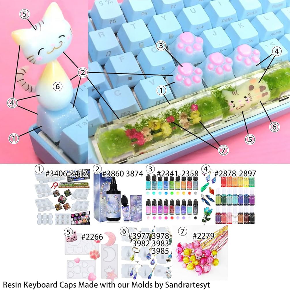 Keycaps Epoxy Resin Casting Molds Set for Mechanical Gaming Keyboard Polymer Clay Crafts 7 Silicone Trays with Key Puller