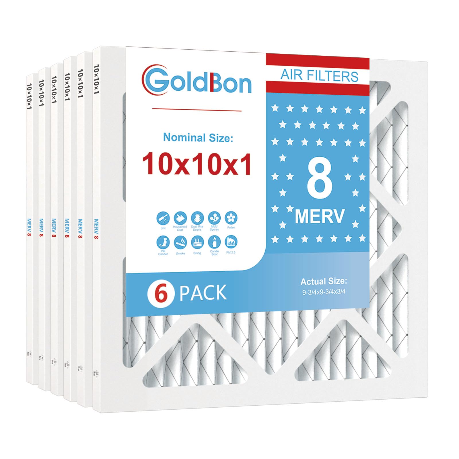 Photo 1 of 10x10x1 Air Filter 6 Pack MERV 8 MPR 700 FPR 5- GoldBon AC Filter USA Design- Electrostatic Pleated Air Conditioner HVAC AC Furnace Filters for Pollen, Smoke,Pet Dander