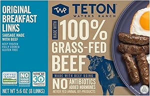 Teton Waters Ranch Breakfast Sausage Links, 100% Grass-Fed Beef, Fully Cooked Breakfast Sausage, Frozen, No Sugar Added, No N