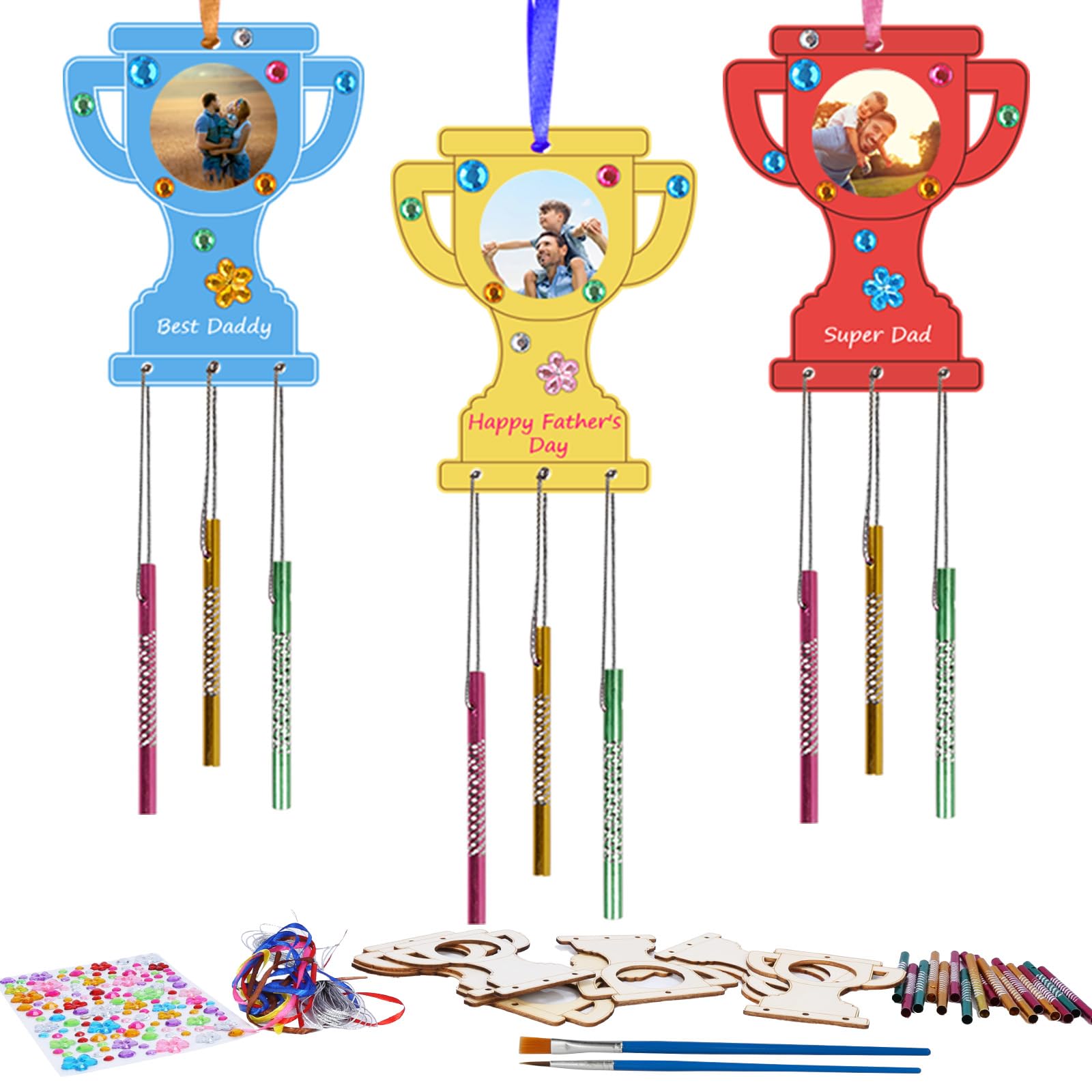 HONMOK Father's Day Crafts for Kids, 9 Pack Trophy Shaped Wind Chimes Crafts, Father's Day Art Craft for Girls Boys Age 4 5 6 7 8 9 10, Novelty Dad Presents for Daddy Grandpa