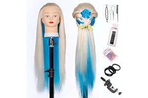 DEPAAJK Mannequin Head with Hair, 29'' Doll Head for Hair Styling Training Head Manikin Practice Cosmetology Doll Head Styling Hairdressing Training Braiding Heads with Clamp Holder(White Blue)