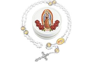 SUTANALE 8mm Glass Pearl Catholic Rosary Necklace for Women - Our Lady of Guadalupe & Crucifix, Holy Beads with Prayer Box, Baptism & First Communion Jewelry Gift (La Rosa de Guadalupe)