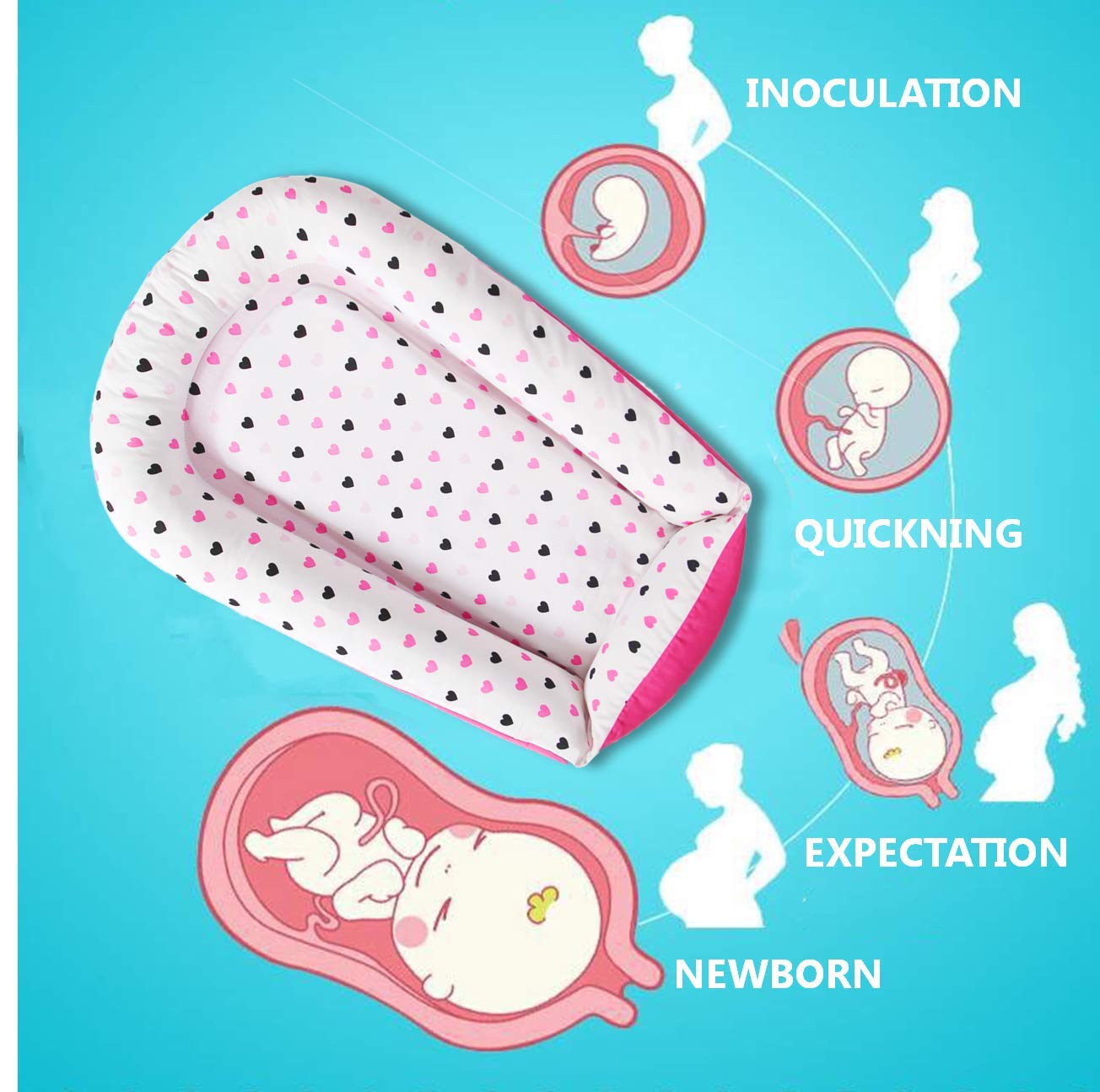 Premium Baby Lounger - Durable Cotton Blend Co Sleeper - Soft Portable Baby Nest Sleeper - Perfect for Co Sleeping and Travelling, Pink Hearts: Kitchen & Dining