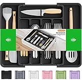 SpaceHacks Silverware Organizer,Adjustable & Expandable Utensil Drawer Organizer, BPA Free Utensil Holder, Cutlery Tray for Forks, Spoons, Knives in Kitchen, Medium, Black