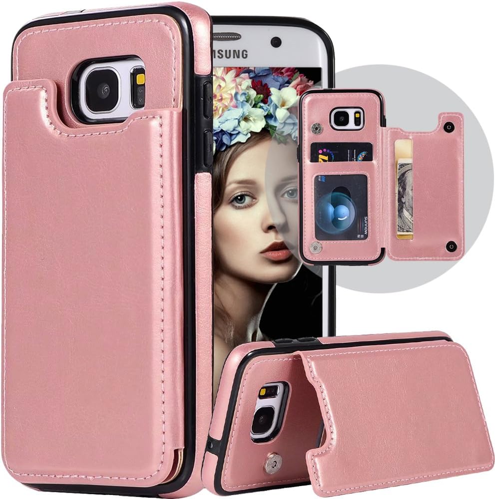 Galaxy S7 Edge Wallet Case,Galaxy S7 Edge Case with Card Holder,Auker Shockproof Vintage Sleek Leather Flip Magnetic Folding Stand Purse Wallet Case for Women/Men for Samsung Galaxy S7Edge (RoseGold)