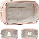 Fammart Clear Makeup Bag with 2 Customizable Chenille Letters - Waterproof PU Leather Cosmetic Case, Large Personalized Toiletry Pouch for Women & Teens, Ideal for Travel & Gift