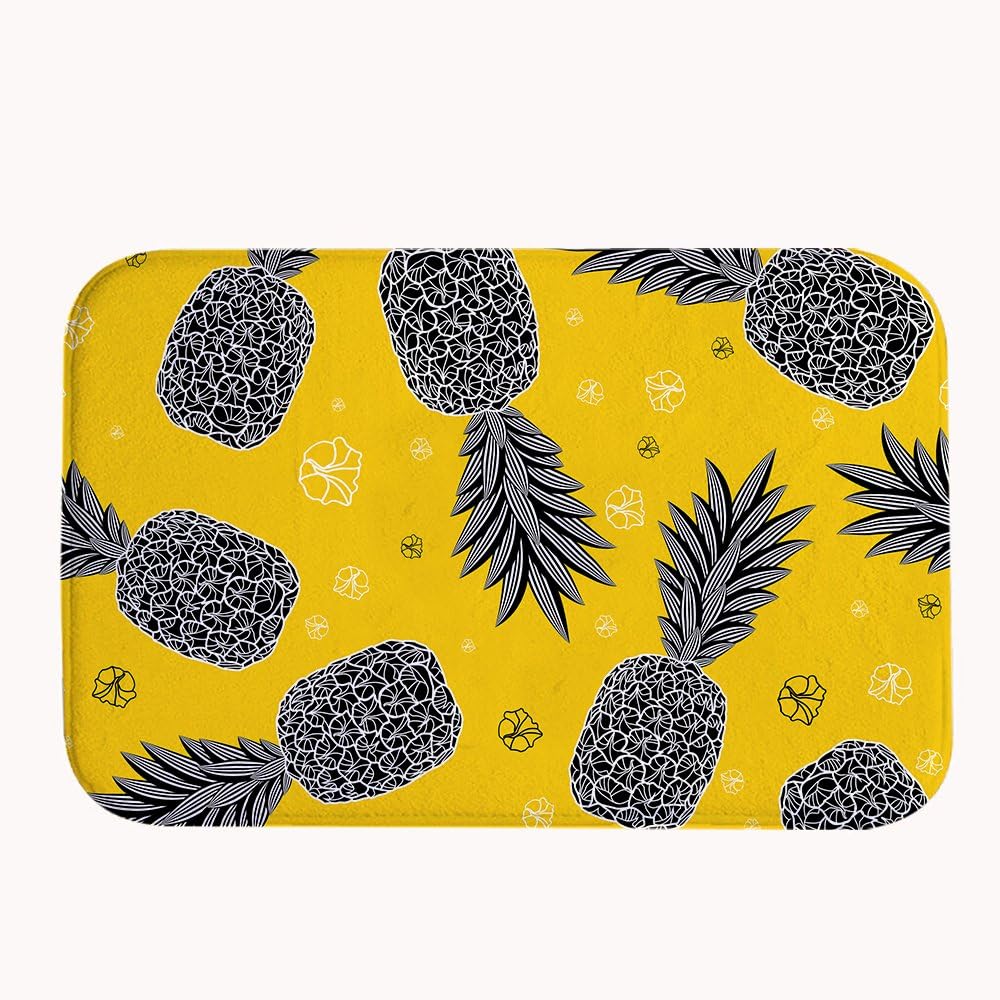 XASAN Decorative Non-slip Yellow Pineapple Pattern Doormat Coral Fleece Indoor Outdoor Kitchen Floor Bath Rug Front Door Mat Funny Flannel Carpet 20x32 Inches