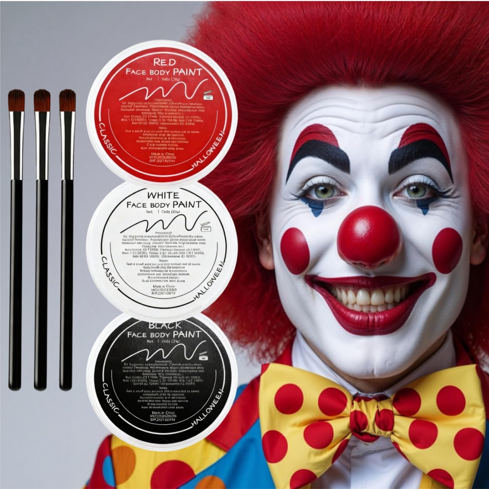 Photo 1 of Clown Makeup Kit, White Black Red Face Body Paint Set, Halloween Clown Joker Makeup Kit, Professional Black, White and Red Face Painting Kit for Halloween Make Up, Sfx Make Up, Cosplay, Costume