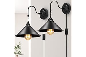 YXTH Plug in Wall Sconces, Vintage Plug in Wall Lamp Set of 2 with On/Off Switch, Metal Black Industrial Wall Mounted Light Fixture for Bedside Bedroom Indoor Doorway (Gooseneck Wall Lamp)