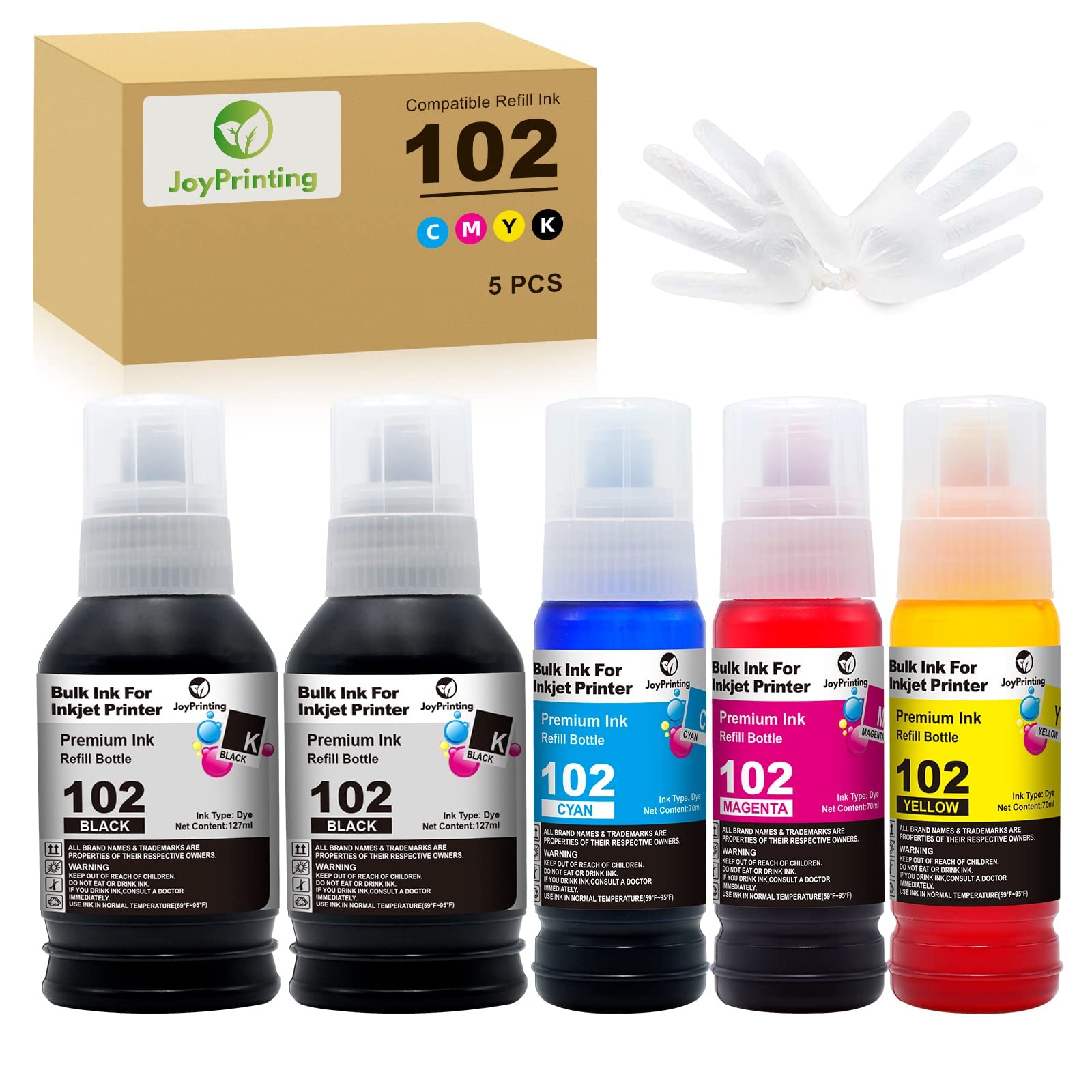 JoyPrinting 102 Ink Replacement for Epson 102 Ink Bottle Refills Compatible with Epson EcoTank ET-2750 ET-2700 ET-2751 ET-2756 ET-3700 ET-3750 ET-4750 ET-15000 (Black/Cyan/Magenta/Yellow 5-Pack)