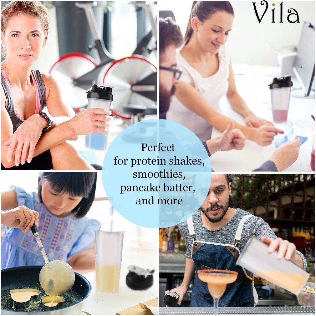 Vila Blender Bottle: Perfect for smoothies, protein blends and more: Stainless steel blender ball inside: Leak-proof, dishwasher safe and BPA-free: Embossed Ounce and Milliliter markings